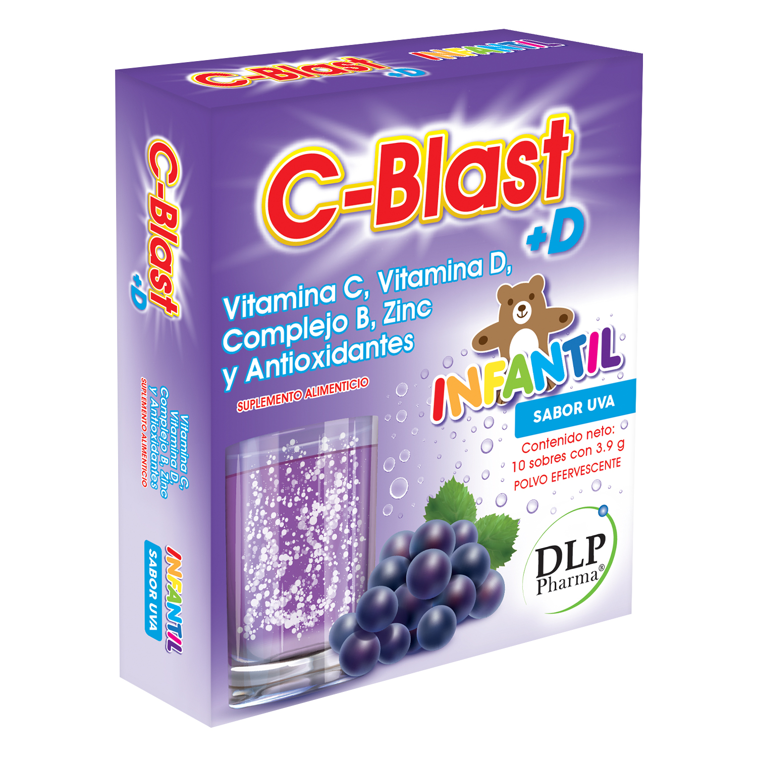 C-Blast+D INFANTIL sabor uva Vitamina C, Vitamina D, Complejo B, Zinc y Antioxidantes Polvo Efervescente (caja con 10 sobres)