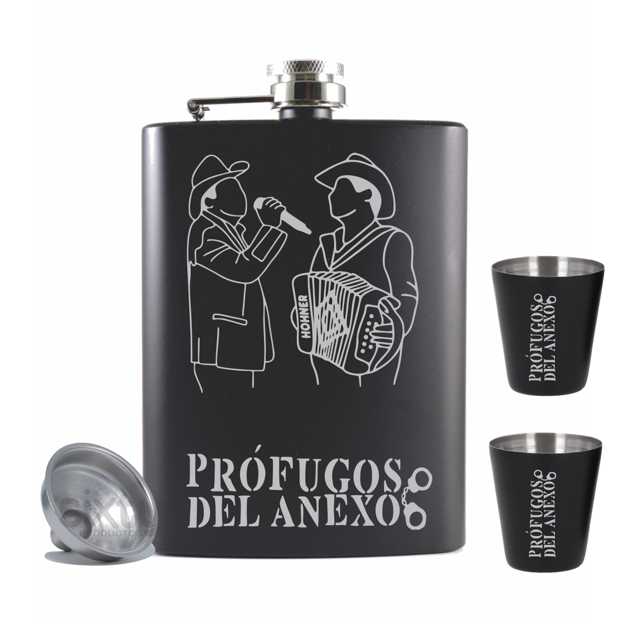 Licorera acero inoxidable capacidad 8oz (230ml) vaso shot y embudo incluido modelo Profugos del anexo