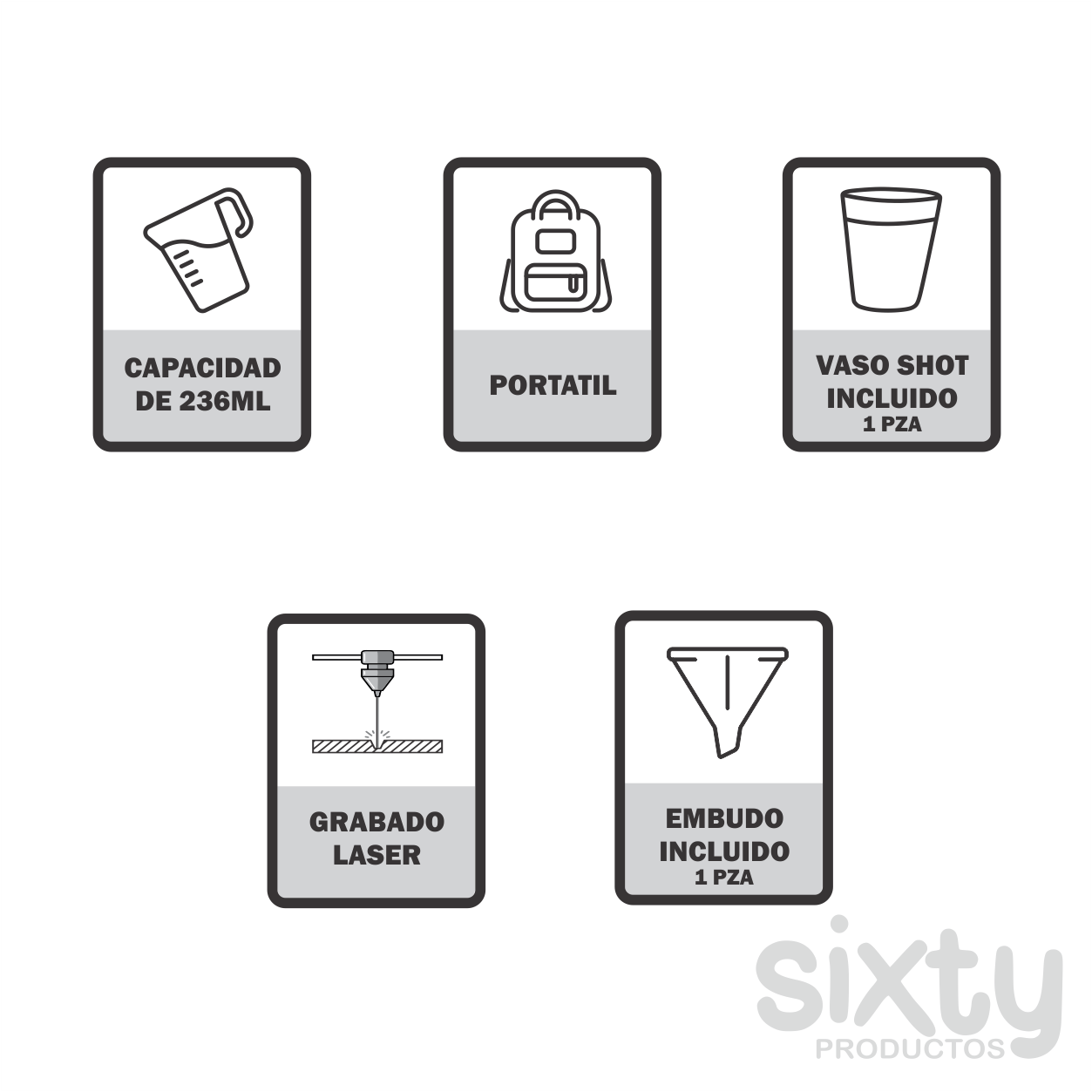 Licorera acero inoxidable capacidad 8oz (230ml) vaso shot y embudo incluido modelo Profugos del anexo