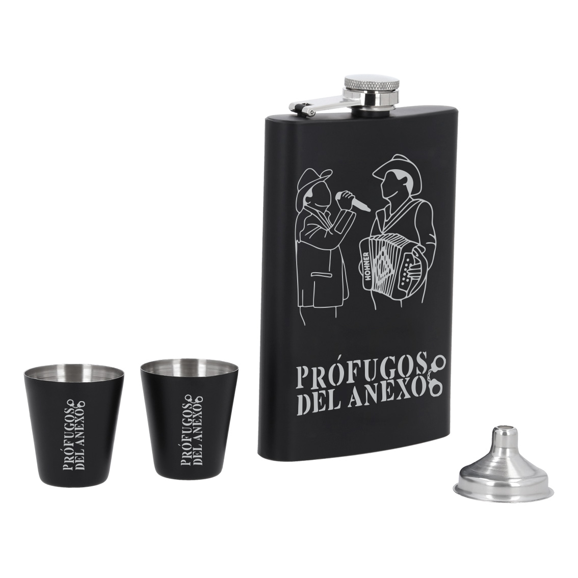 Licorera acero inoxidable capacidad 8oz (230ml) vaso shot y embudo incluido modelo Profugos del anexo