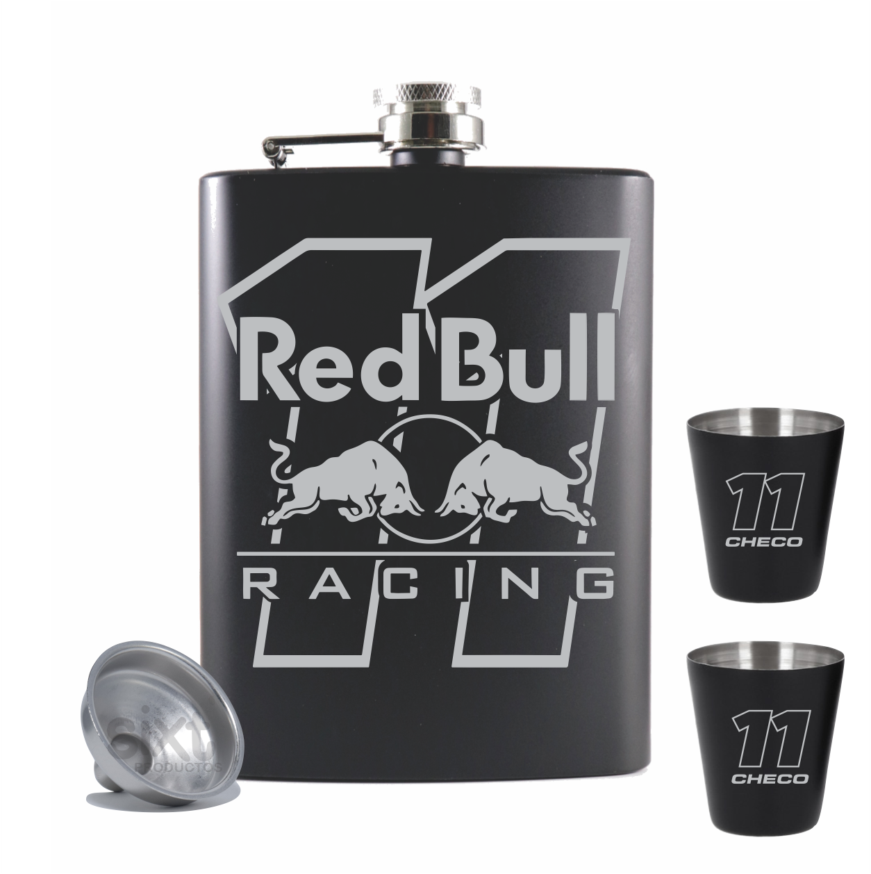 Licorera acero inoxidable capacidad 8oz (230ml) vaso shot y embudo incluido modelo Red Bull Checo Perez
