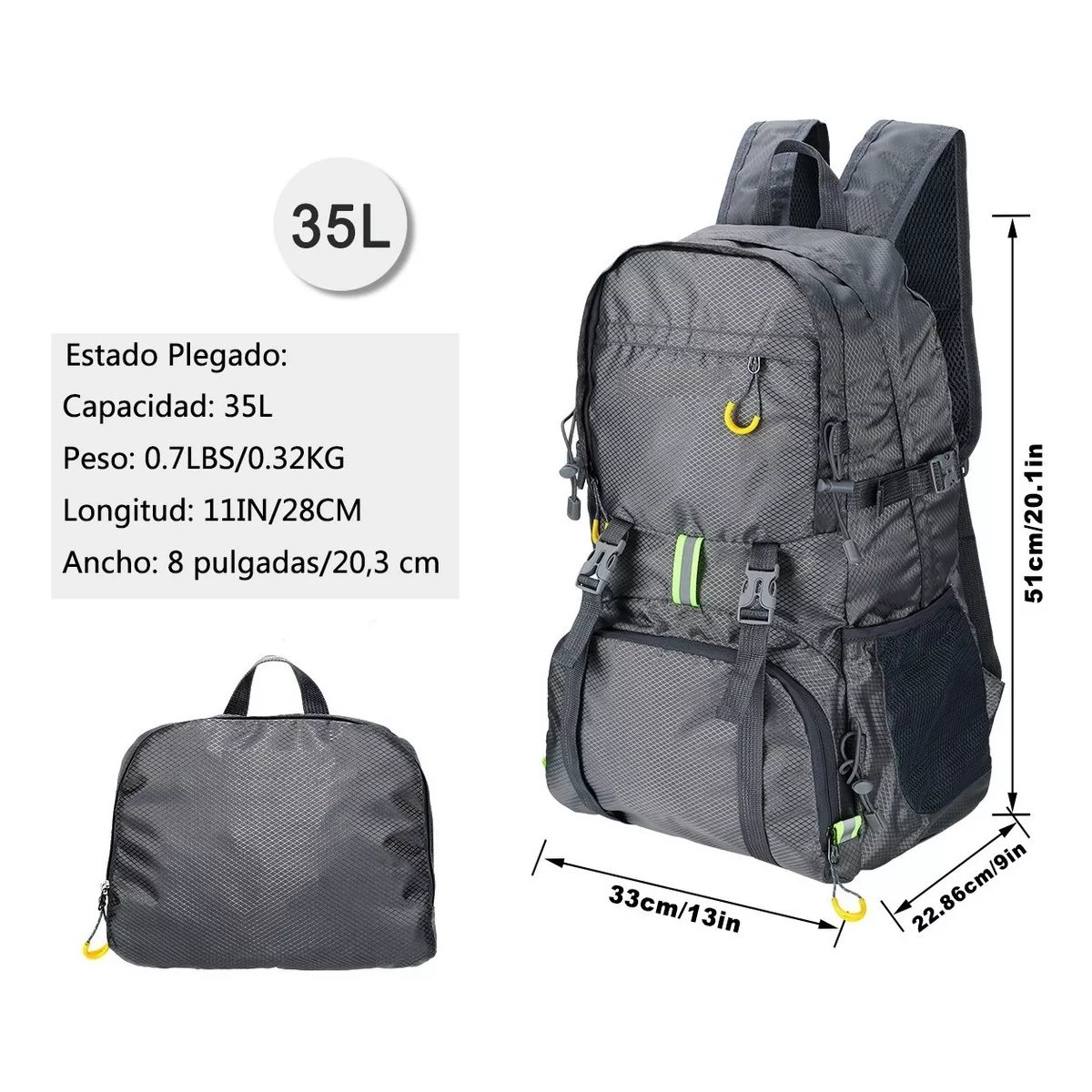 Mochila De Senderismo Para Acampar Impermeable Plegable 35l Gris