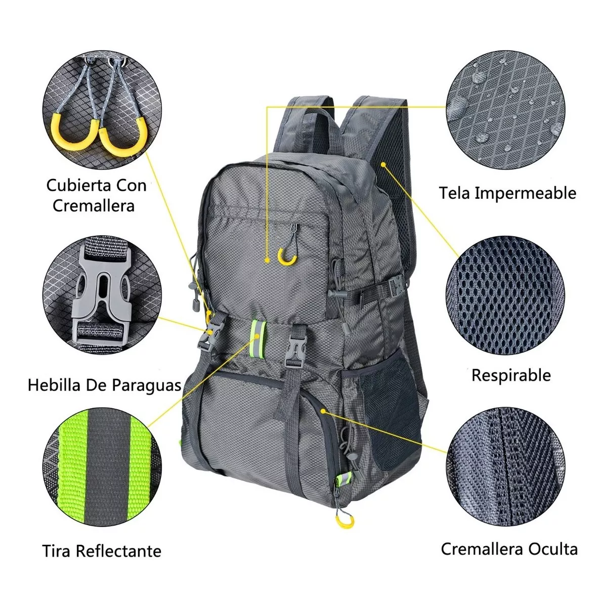 Mochila De Senderismo Para Acampar Impermeable Plegable 35l Gris