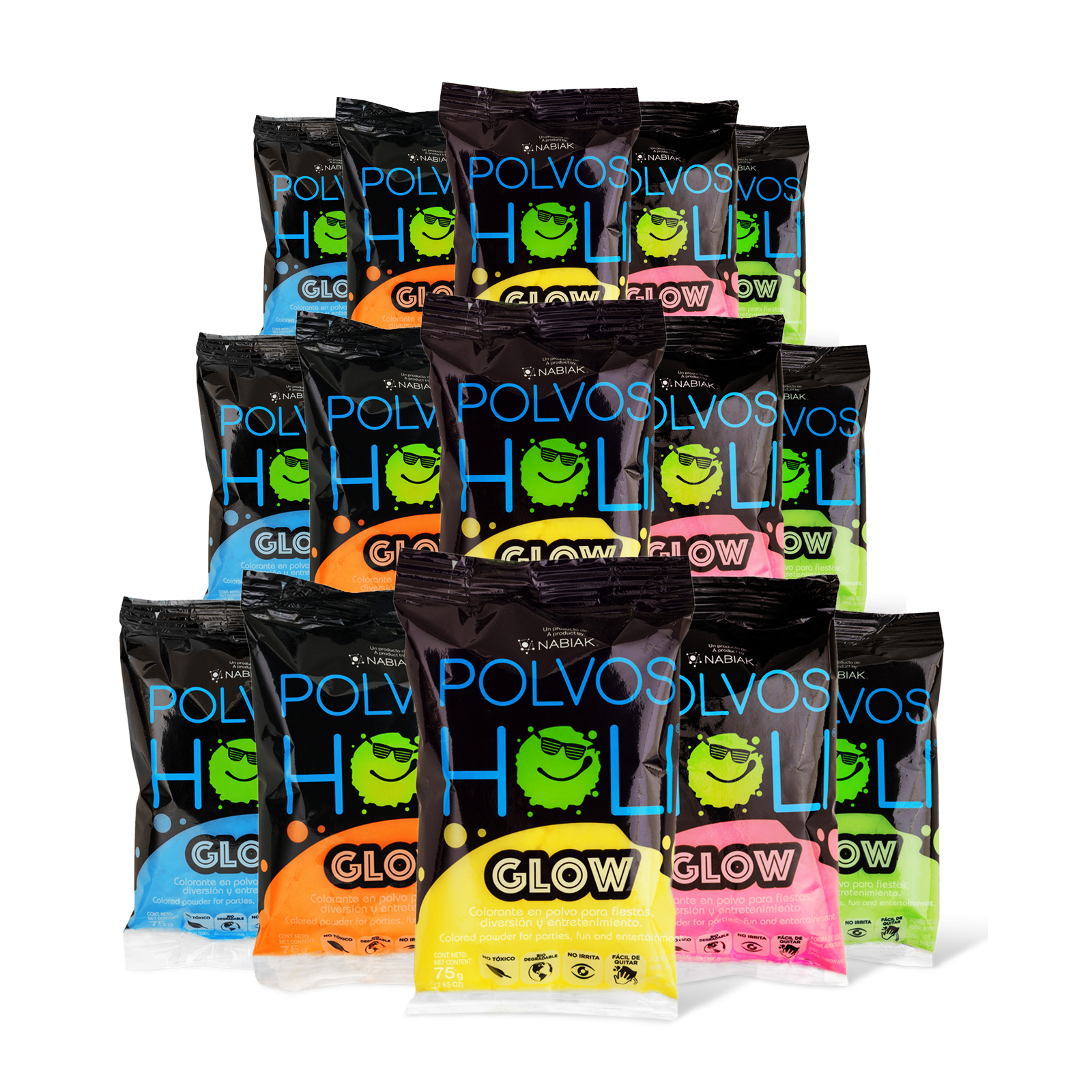 Polvos Holi Fluorescente Paquete 15 Bolsas de 75 g con 5 Colores Fluorescentes Brilla bajo luz UV Biodegradable para Fiestas sesiones de Fotos o Manualidades Colores Varios