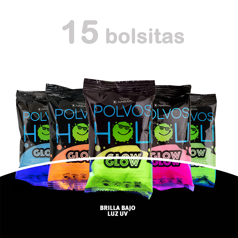 Polvos Holi Fluorescente Paquete 15 Bolsas de 75 g con 5 Colores Fluorescentes Brilla bajo luz UV Biodegradable para Fiestas sesiones de Fotos o Manualidades Colores Varios