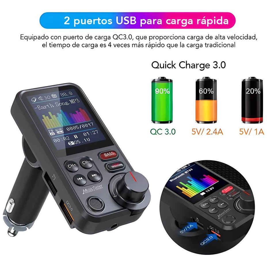 Transmisor Bluetooth Fm Aux Qc3.0 1.8 Inalámbrico Para Auto