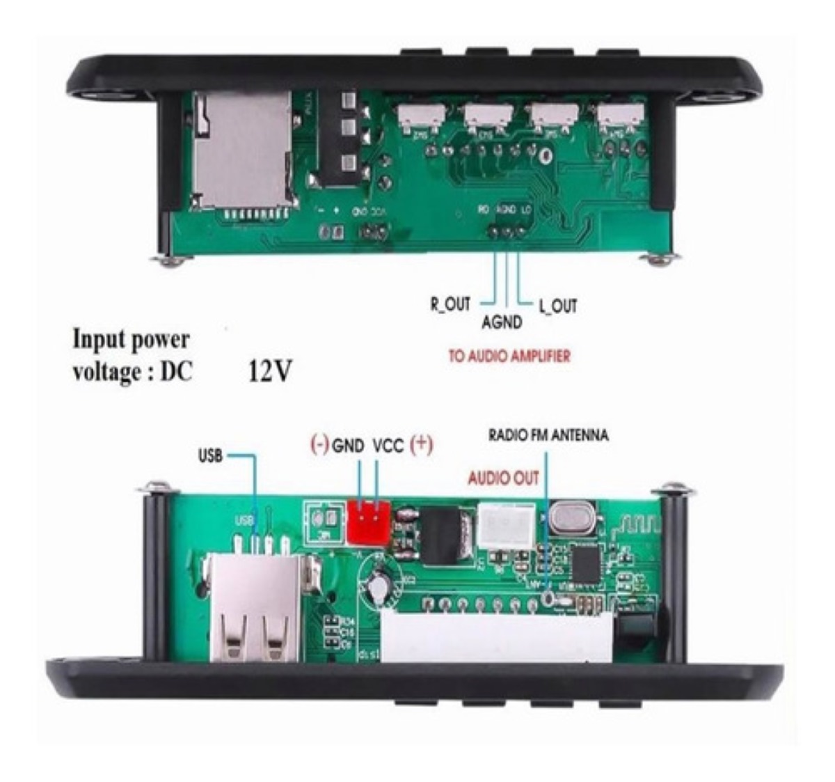 Modulo Reproductor De Audio Bluetooth Usb Sd Fm Auxiliar 12V Negro