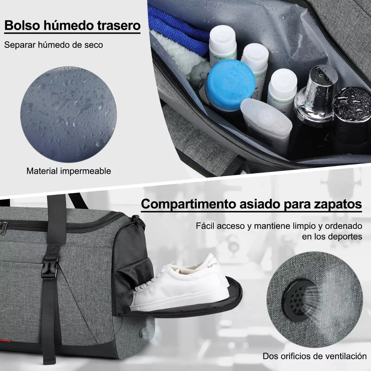 Maleta Deportiva Bolsa Gym Viaje Mochila Fitness Hombre 40l Gris