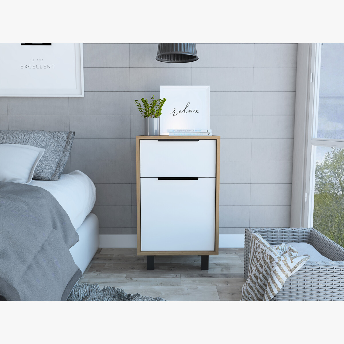 BURO ARMABLE IDEAL COMO MESA DE NOCHE PARA LA RECAMARA CON DOS CAJONES MODELO KAIA