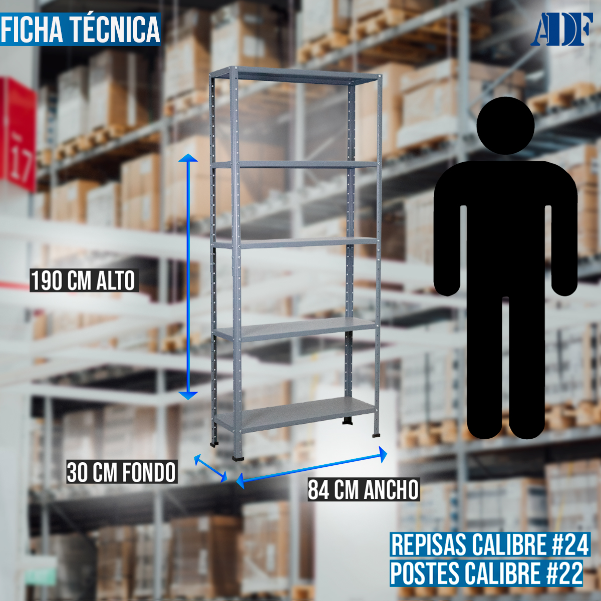 ADF Estante Anaquel Metálico Uso Rudo con 5 Repisas Ajustables 190x84x30cm Organizador Cal. 24 Color Gris, Carga 400Kg
