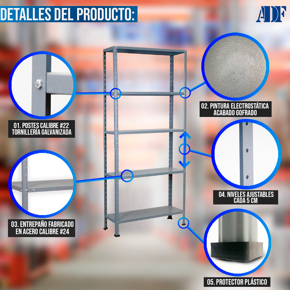ADF Estante Anaquel Metálico Uso Rudo con 5 Repisas Ajustables 190x84x30cm Organizador Cal. 24 Color Gris, Carga 400Kg