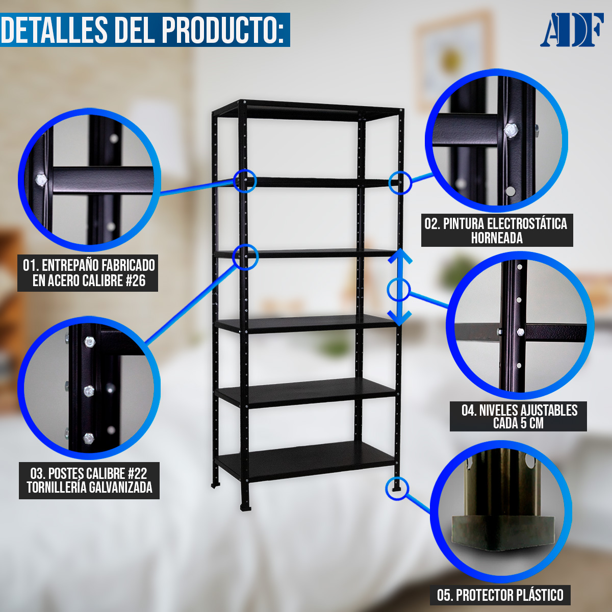 ADF Estante Anaquel Metálico con 6 Repisas Ajustable 190x84x45cm Organizador Color Negro, Carga 360Kg