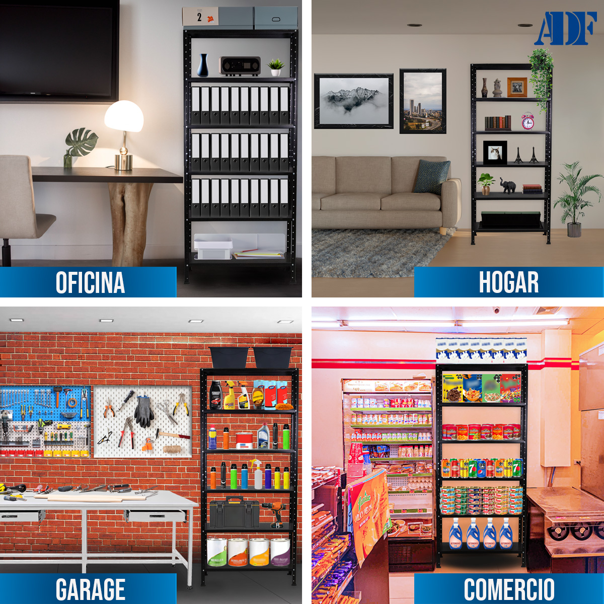 ADF Estante Anaquel Metálico con 6 Repisas Ajustable 190x84x45cm Organizador Color Negro, Carga 360Kg