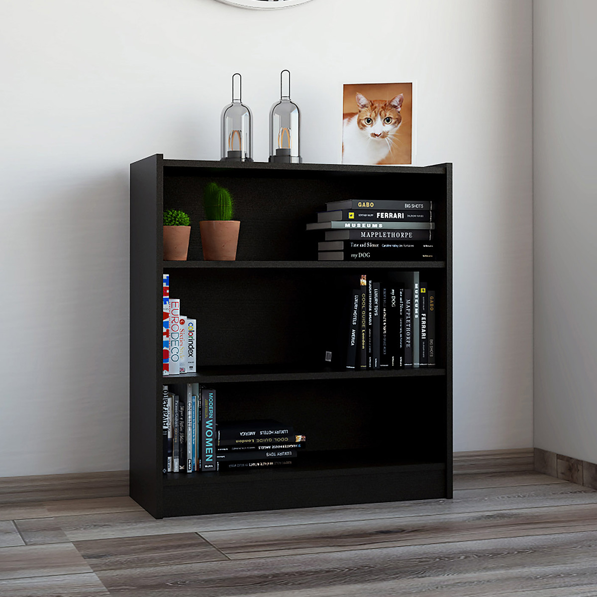 LIBRERO BAJO ARMABLE CON TRES ESTANTES IDEAL PARA LA SALA O EL ESTUDIO MODELO MONTELLO COLOR CAFE