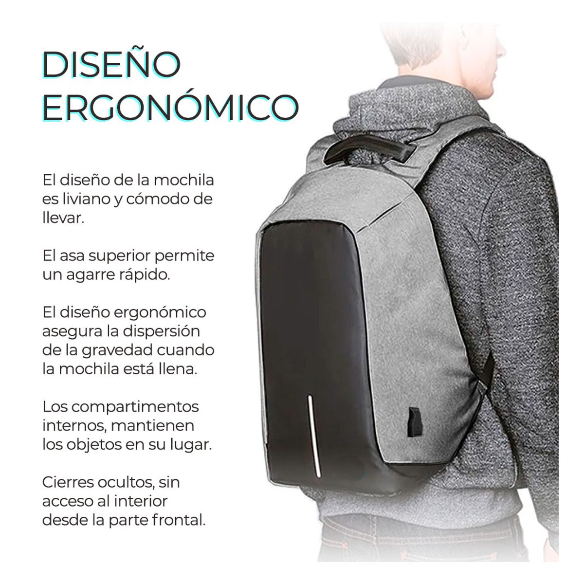 Mochila Para Laptop Antirrobo Salida USB Impermeable Gris