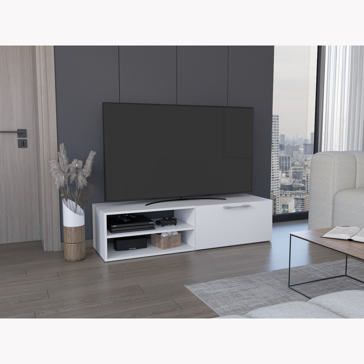 Mueble para TV Armable y de Entretenimiento en Casa en color Blanco con 3 Entrepaños y Puerta para Organización modelo Roatan