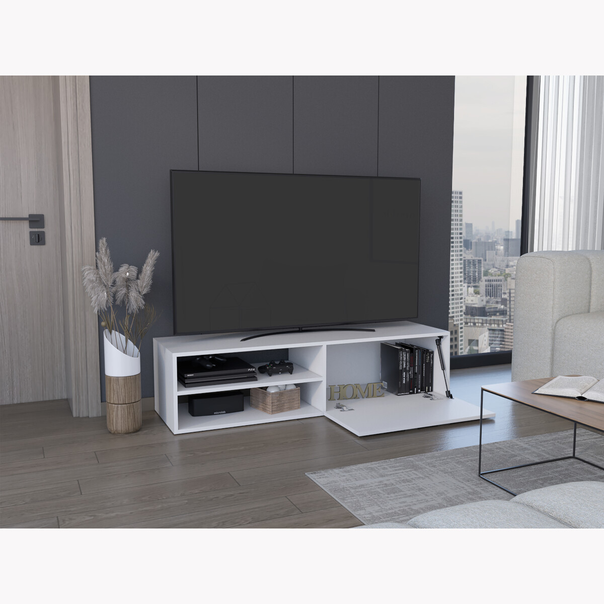 Mueble para TV Armable y de Entretenimiento en Casa en color Blanco con 3 Entrepaños y Puerta para Organización modelo Roatan