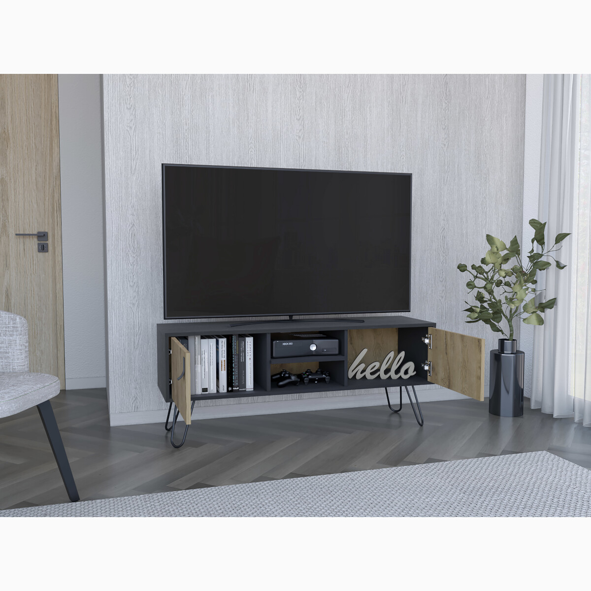 MUEBLE RACK DE TV PARA PANTALLA DE 50" CON ESTANTES Y PUERTAS MODELO HUNA COLOR BEIGE