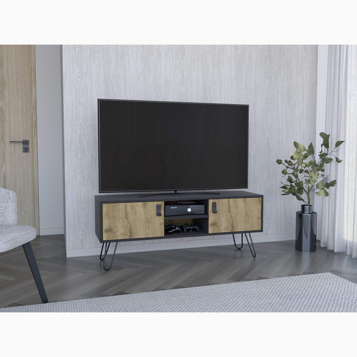 MUEBLE RACK DE TV PARA PANTALLA DE 50" CON ESTANTES Y PUERTAS MODELO HUNA COLOR BEIGE