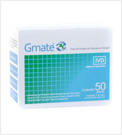 Tiras Reactivas C/50 Piezas (Glucómetros compatibles GMATE STEP, GMATE mini, GMATE Wheel, GMATE Voice, GMATE Smart (para iPhone), GMATE On (para Android), GMATE Origin) - 2 empaques de 25 Tiras cada uno en la caja.