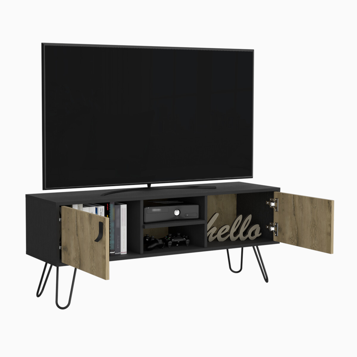 MUEBLE RACK DE TV PARA PANTALLA DE 50" CON ESTANTES Y PUERTAS MODELO HUNA COLOR BEIGE