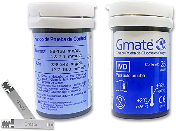 Tiras Reactivas C/50 Piezas (Glucómetros compatibles GMATE STEP, GMATE mini, GMATE Wheel, GMATE Voice, GMATE Smart (para iPhone), GMATE On (para Android), GMATE Origin) - 2 empaques de 25 Tiras cada uno en la caja.