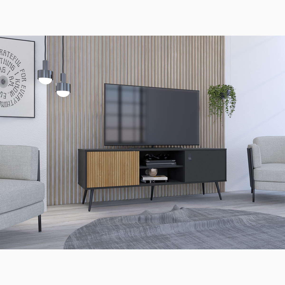 MUEBLE DE TV TIPO RACK ARMABLE PARA PANTALLA DE 65" CON ENTREPAÑOS Y PUERTAS MODELO FUNES COLOR CAFE