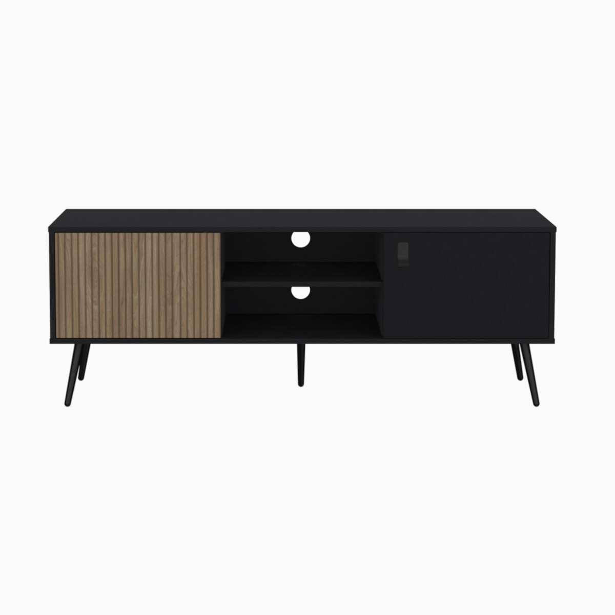 MUEBLE DE TV TIPO RACK ARMABLE PARA PANTALLA DE 65" CON ENTREPAÑOS Y PUERTAS MODELO FUNES COLOR CAFE