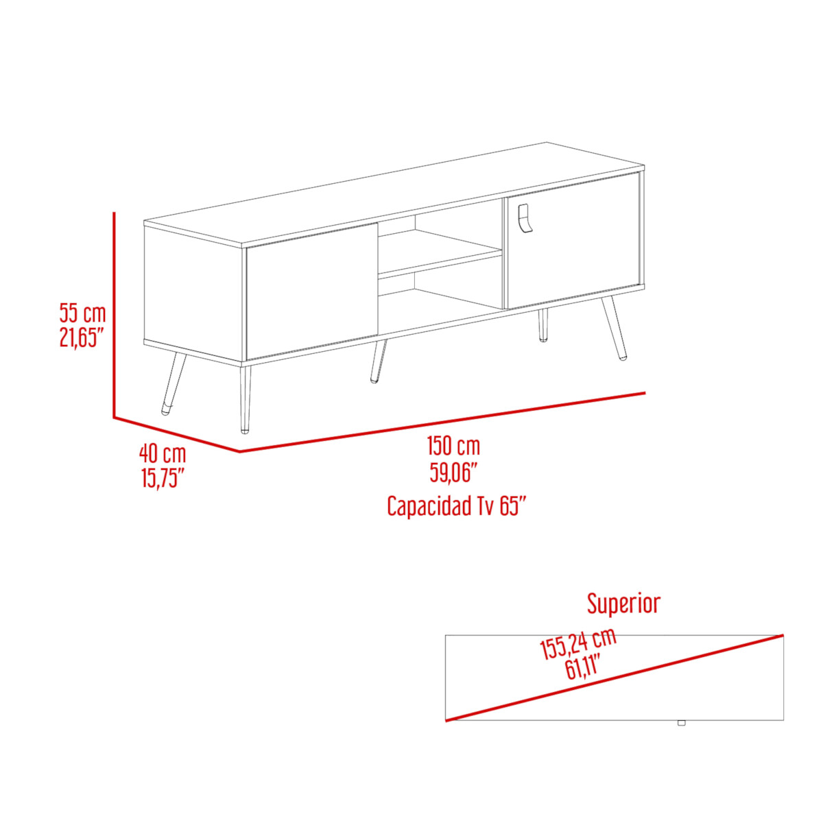 MUEBLE DE TV TIPO RACK ARMABLE PARA PANTALLA DE 65" CON ENTREPAÑOS Y PUERTAS MODELO FUNES COLOR CAFE
