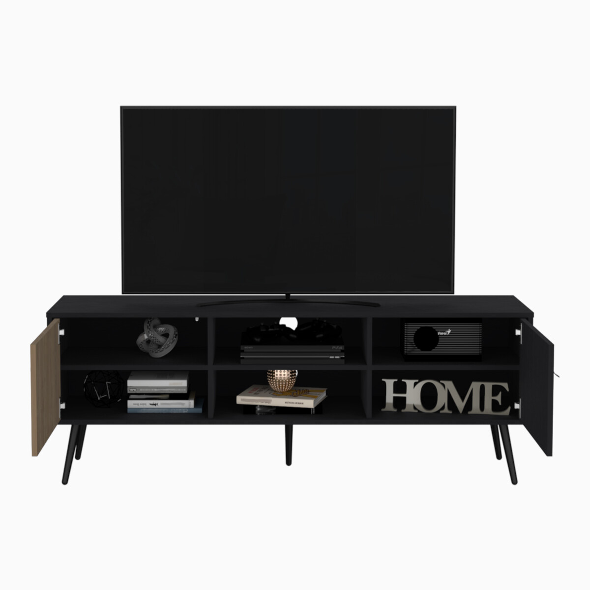 MUEBLE DE TV TIPO RACK ARMABLE PARA PANTALLA DE 65" CON ENTREPAÑOS Y PUERTAS MODELO FUNES COLOR CAFE