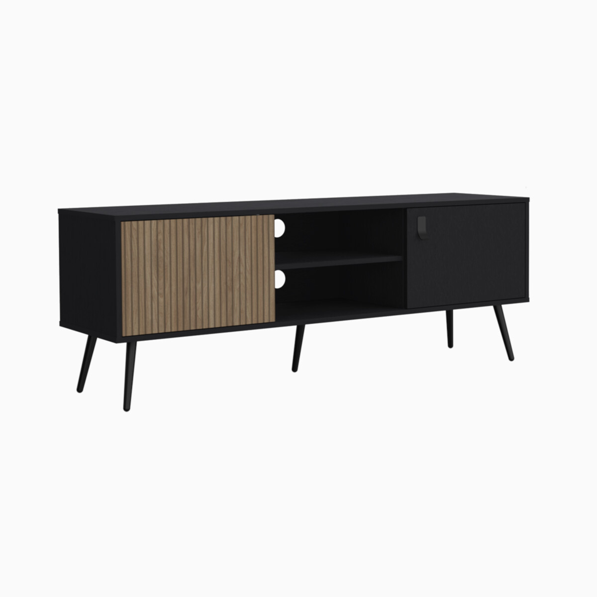 MUEBLE DE TV TIPO RACK ARMABLE PARA PANTALLA DE 65" CON ENTREPAÑOS Y PUERTAS MODELO FUNES COLOR CAFE