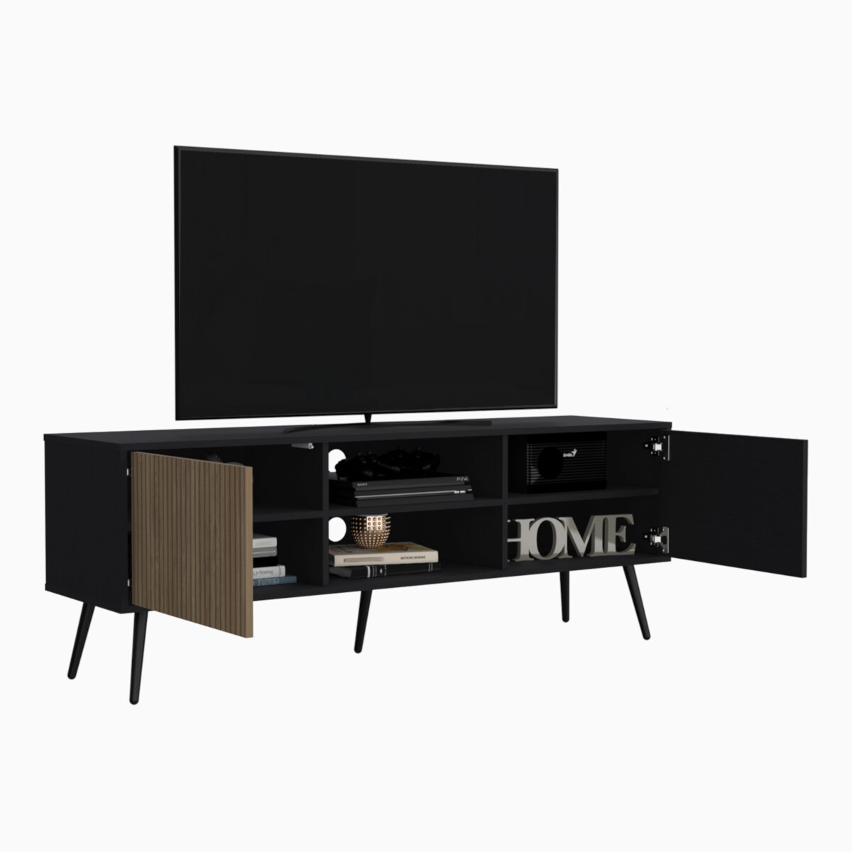MUEBLE DE TV TIPO RACK ARMABLE PARA PANTALLA DE 65" CON ENTREPAÑOS Y PUERTAS MODELO FUNES COLOR CAFE