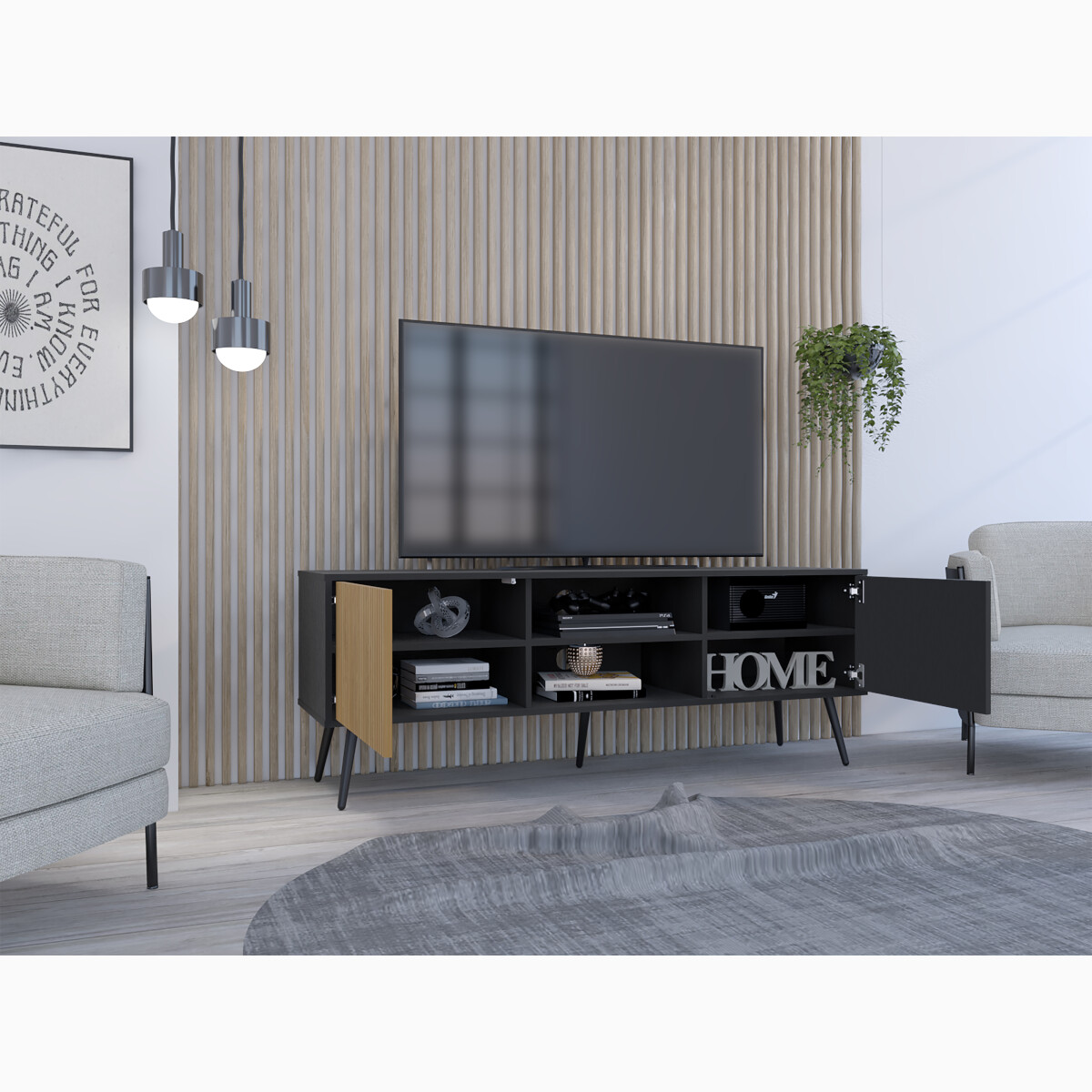 MUEBLE DE TV TIPO RACK ARMABLE PARA PANTALLA DE 65" CON ENTREPAÑOS Y PUERTAS MODELO FUNES COLOR CAFE