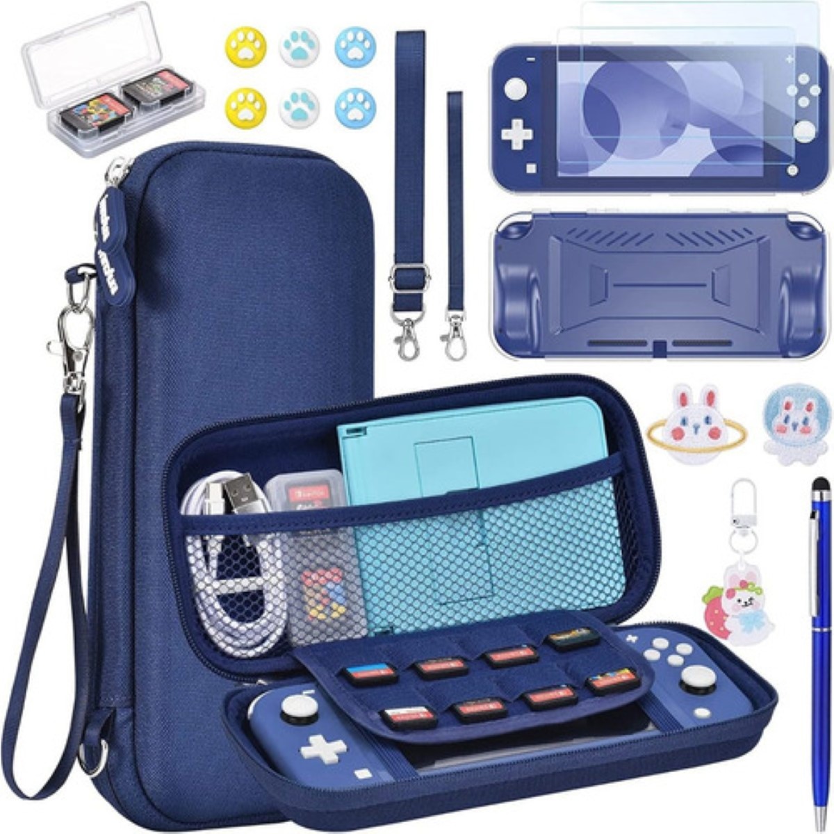 "Kit Accesorios Con Estuche Para Switch Lite 15 En 1 Azul Marino "