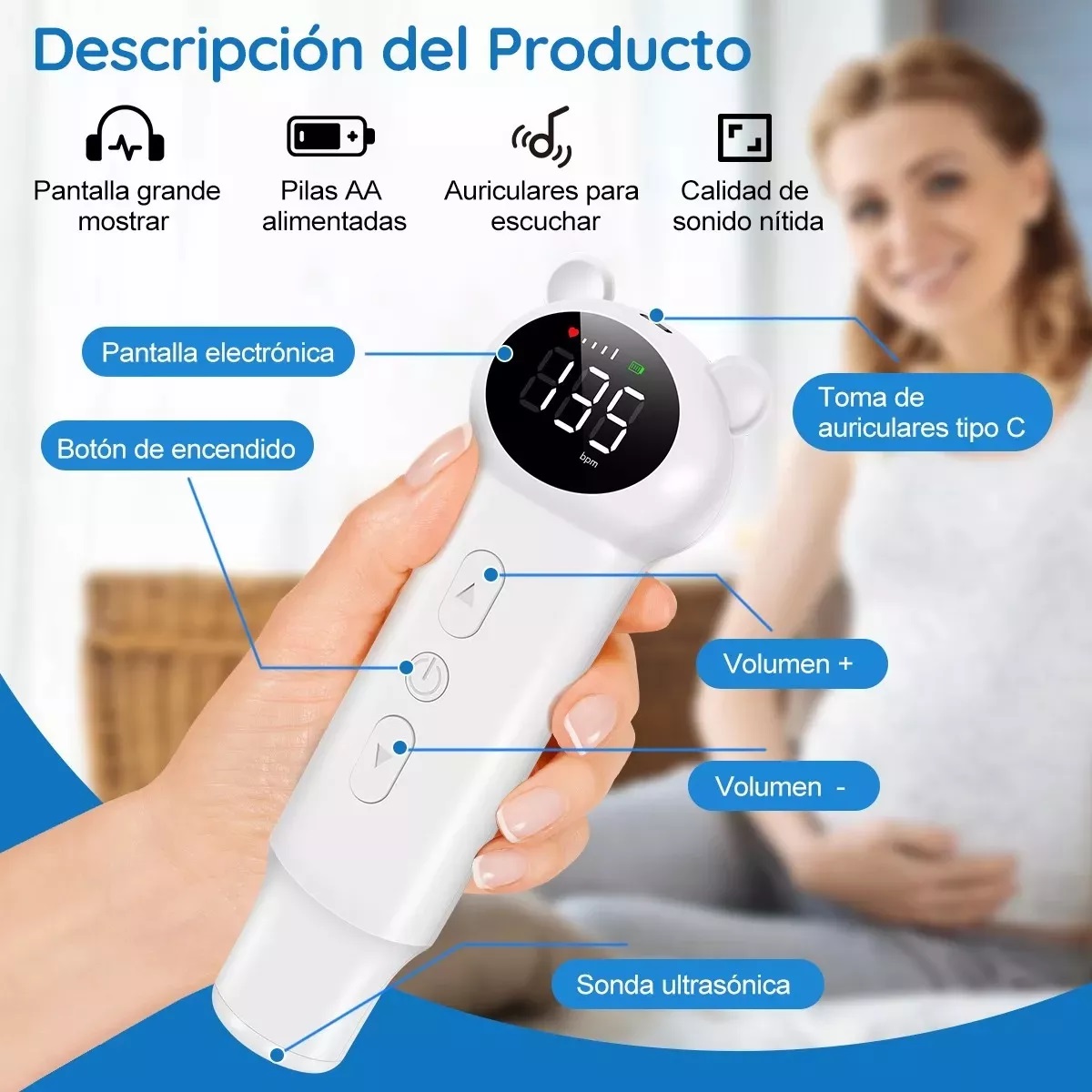 Baby Detector De Frecuencia Cardíaca Fetal Portátil Doppler Blanco