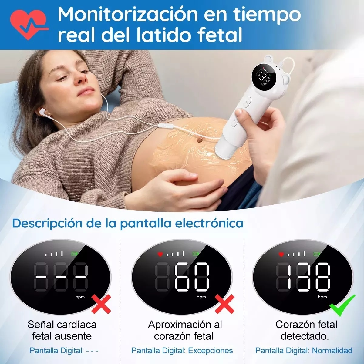 Baby Detector De Frecuencia Cardíaca Fetal Portátil Doppler Blanco