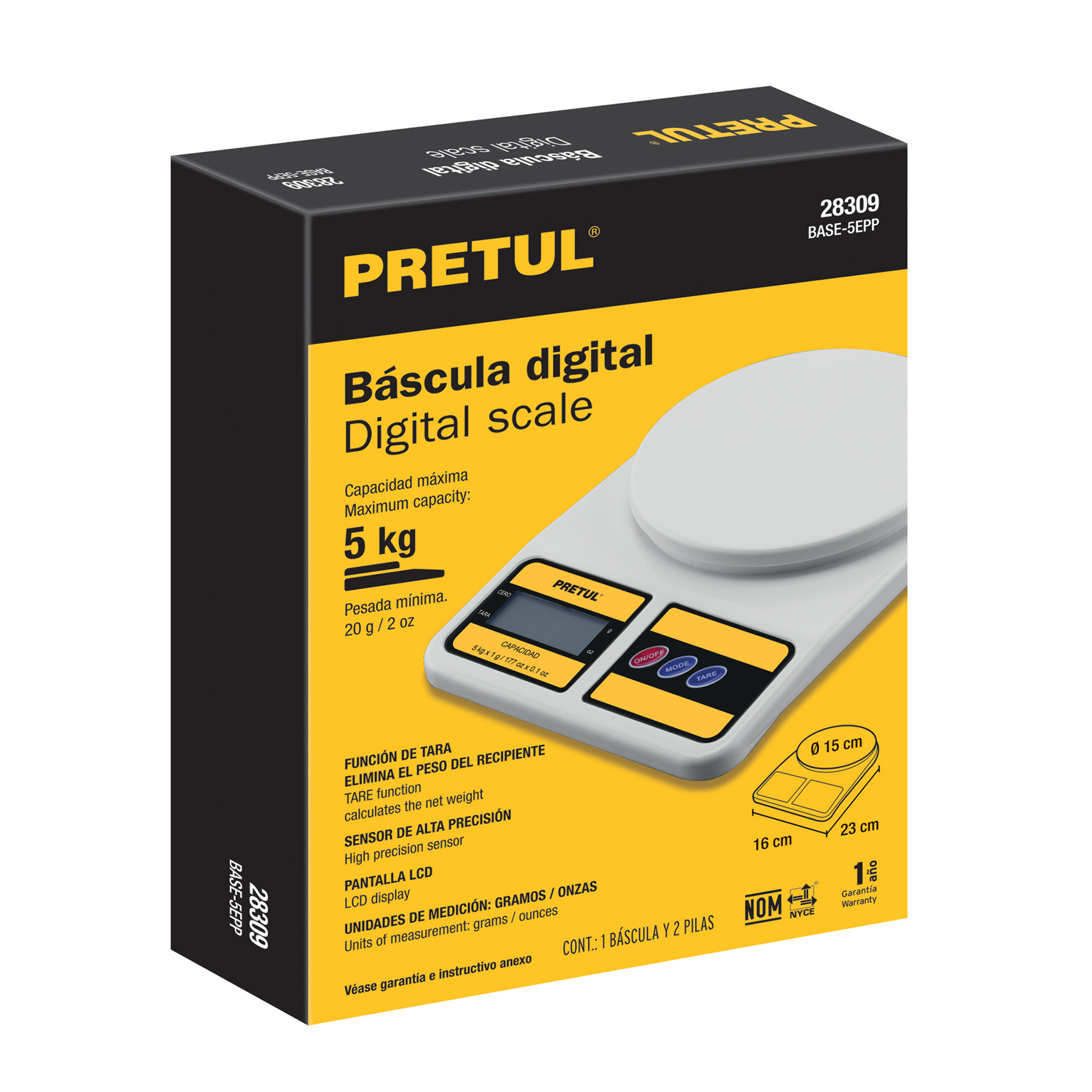 BÁSCULA DIGITAL PARA COCINA, PLATO DE POLIPROP, 5 KG, PRETUL 28309