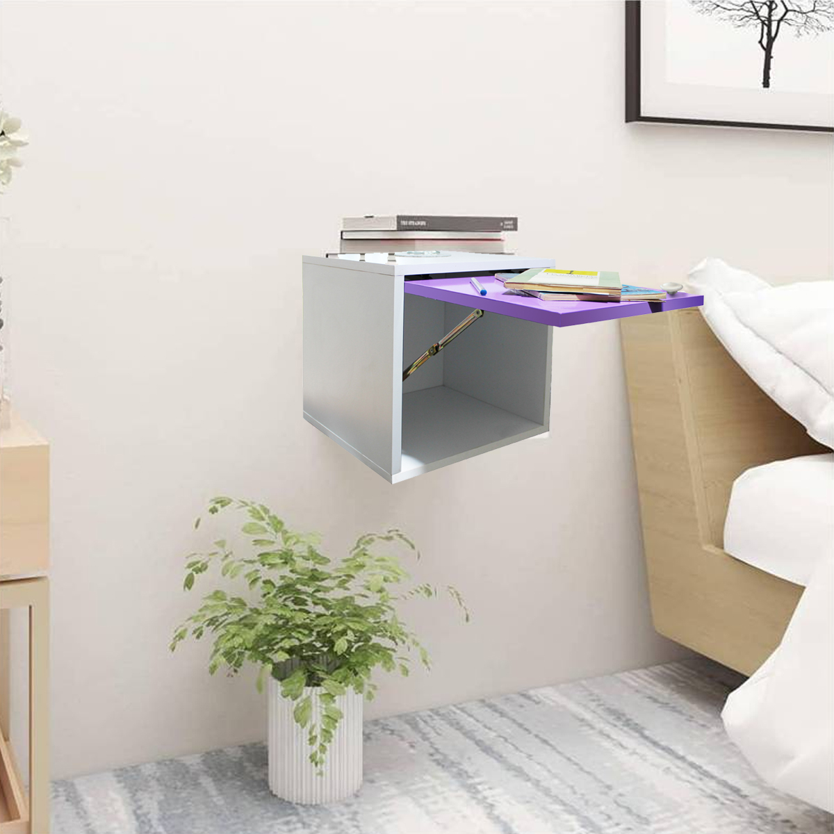 Buro Flotante Recamara Incluye Luz Led Mdf Mesa Envio Ensamblado Lila.