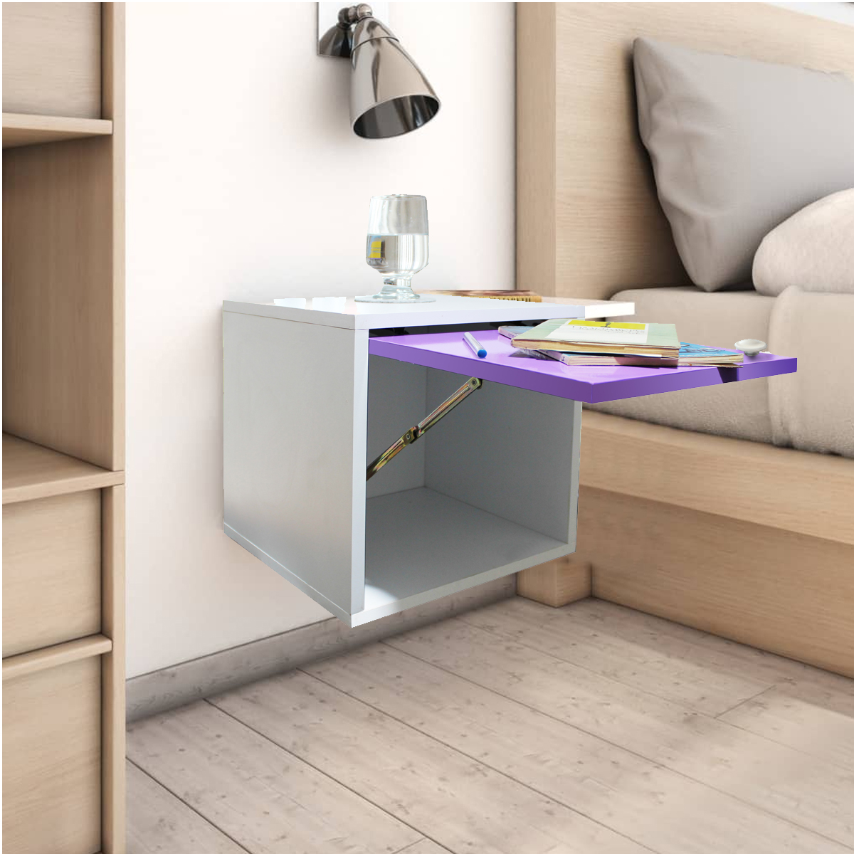 Buro Flotante Recamara Incluye Luz Led Mdf Mesa Envio Ensamblado Lila.