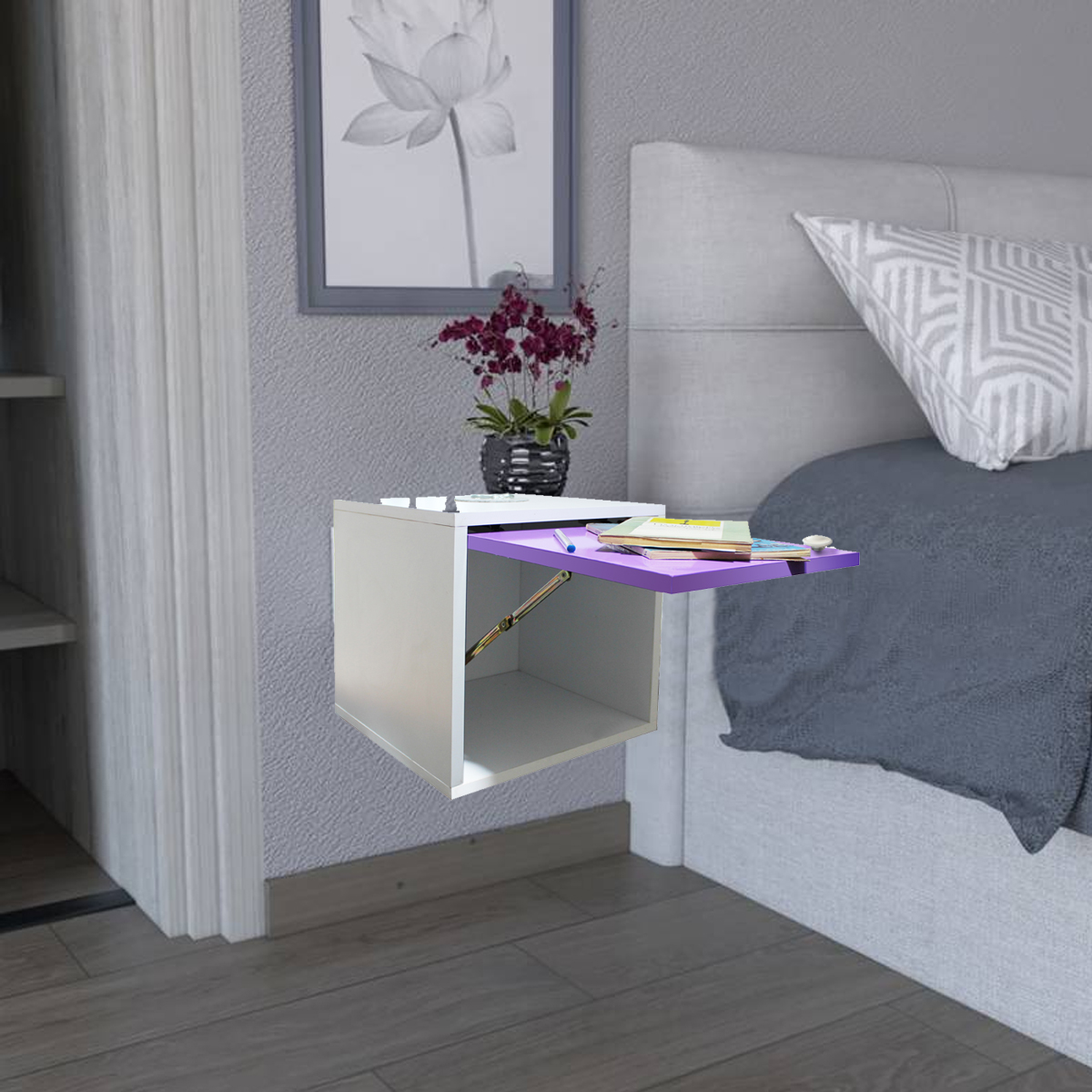 Buro Flotante Recamara Incluye Luz Led Mdf Mesa Envio Ensamblado Lila.