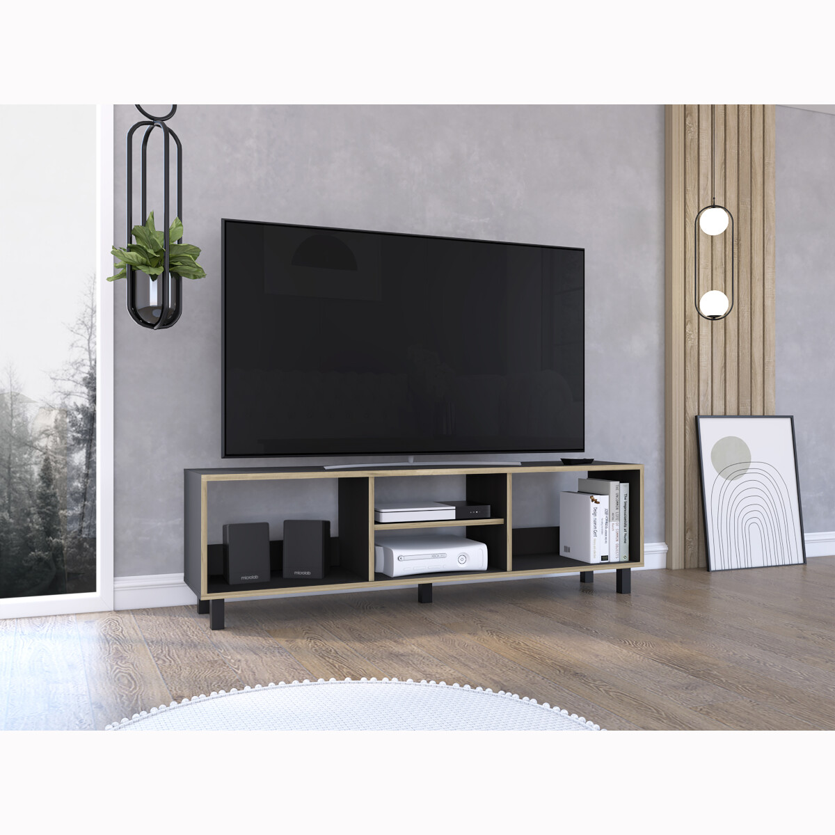 MUEBLE DE TV ARMABLE TIPO RACK PARA PANTALLA DE 60" CON ENTREPAÑOS PARA BOCINAS O CONSOLAS DE VIDEOJUEGO MODELO TUNEZ