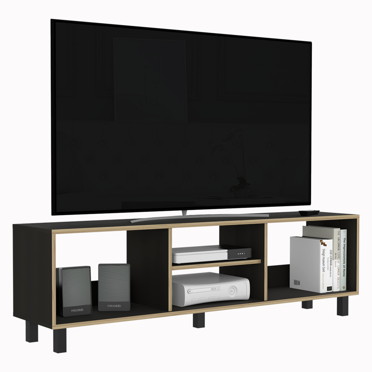 MUEBLE DE TV ARMABLE TIPO RACK PARA PANTALLA DE 60" CON ENTREPAÑOS PARA BOCINAS O CONSOLAS DE VIDEOJUEGO MODELO TUNEZ