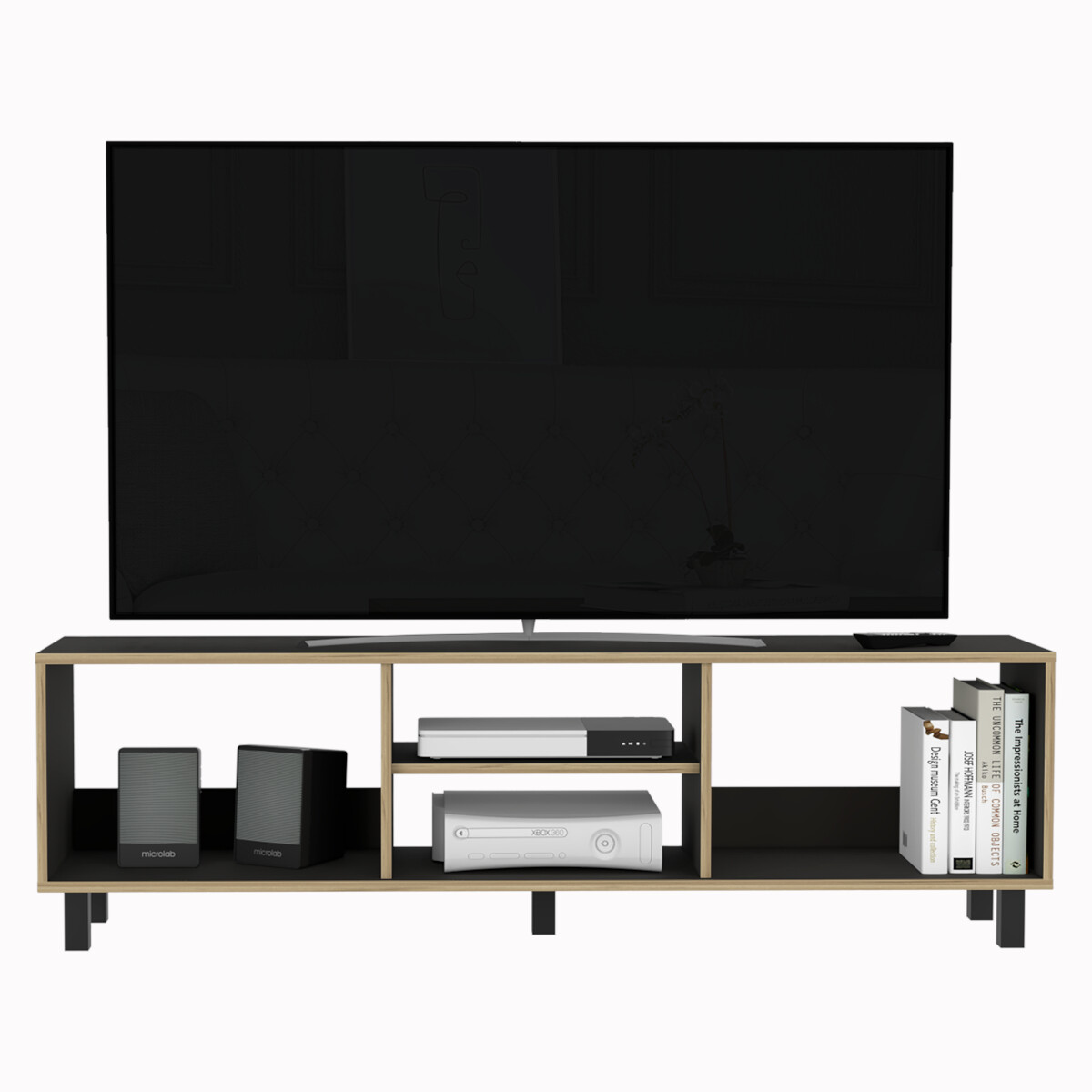 MUEBLE DE TV ARMABLE TIPO RACK PARA PANTALLA DE 60" CON ENTREPAÑOS PARA BOCINAS O CONSOLAS DE VIDEOJUEGO MODELO TUNEZ
