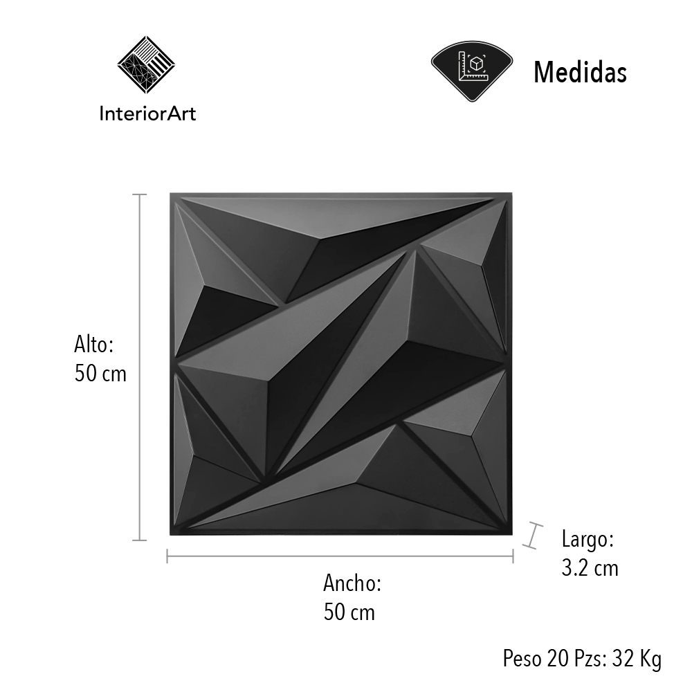 Panel Decorativo 3d Impermeable Interiorart 5m² Diseño Triangular Color Negro.