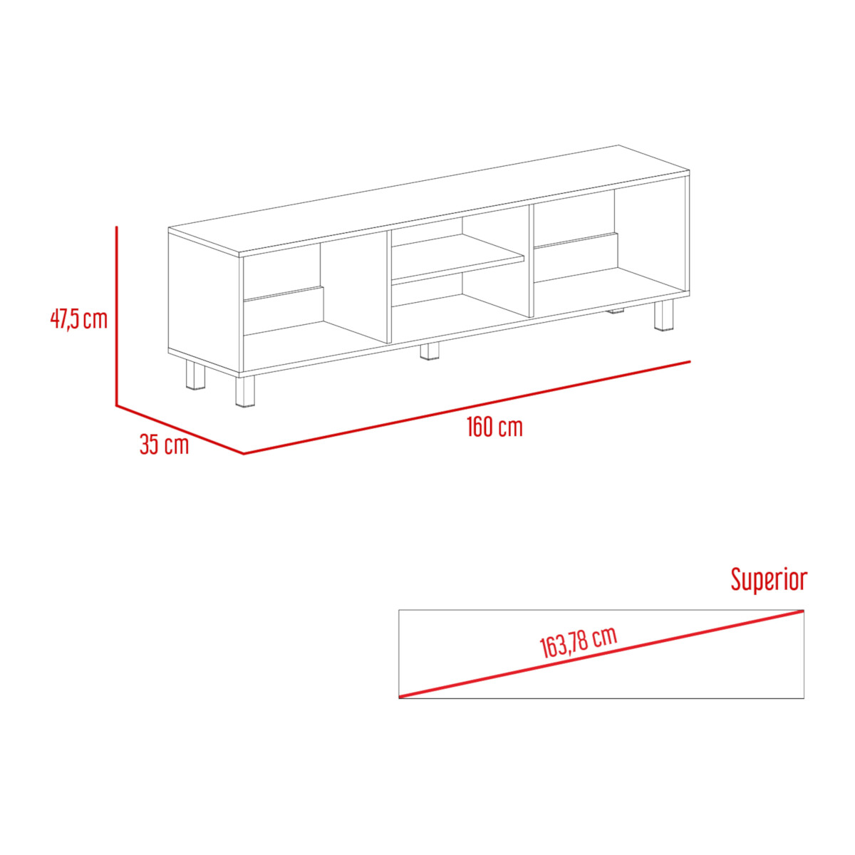 MUEBLE DE TV ARMABLE TIPO RACK PARA PANTALLA DE 60" CON ENTREPAÑOS PARA BOCINAS O CONSOLAS DE VIDEOJUEGO MODELO TUNEZ