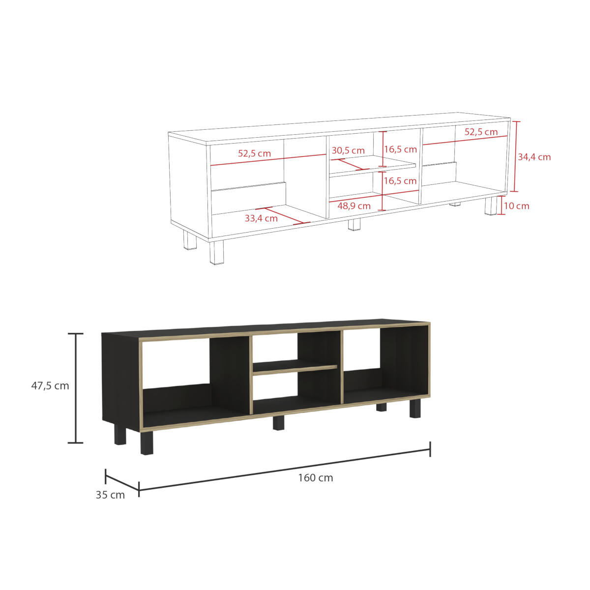 MUEBLE DE TV ARMABLE TIPO RACK PARA PANTALLA DE 60" CON ENTREPAÑOS PARA BOCINAS O CONSOLAS DE VIDEOJUEGO MODELO TUNEZ