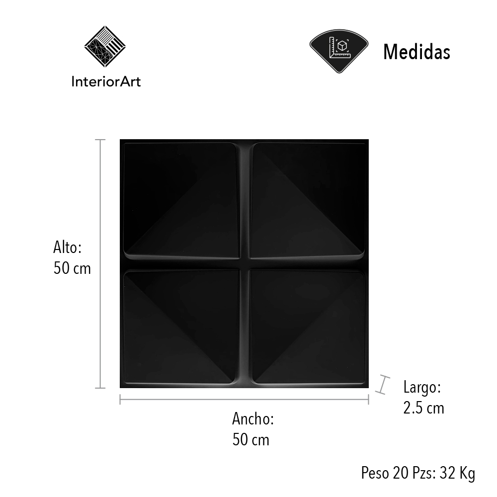 Panel Decorativo 3d Impermeable Interiorart 5m² Diseño Cuadrado Color Negro