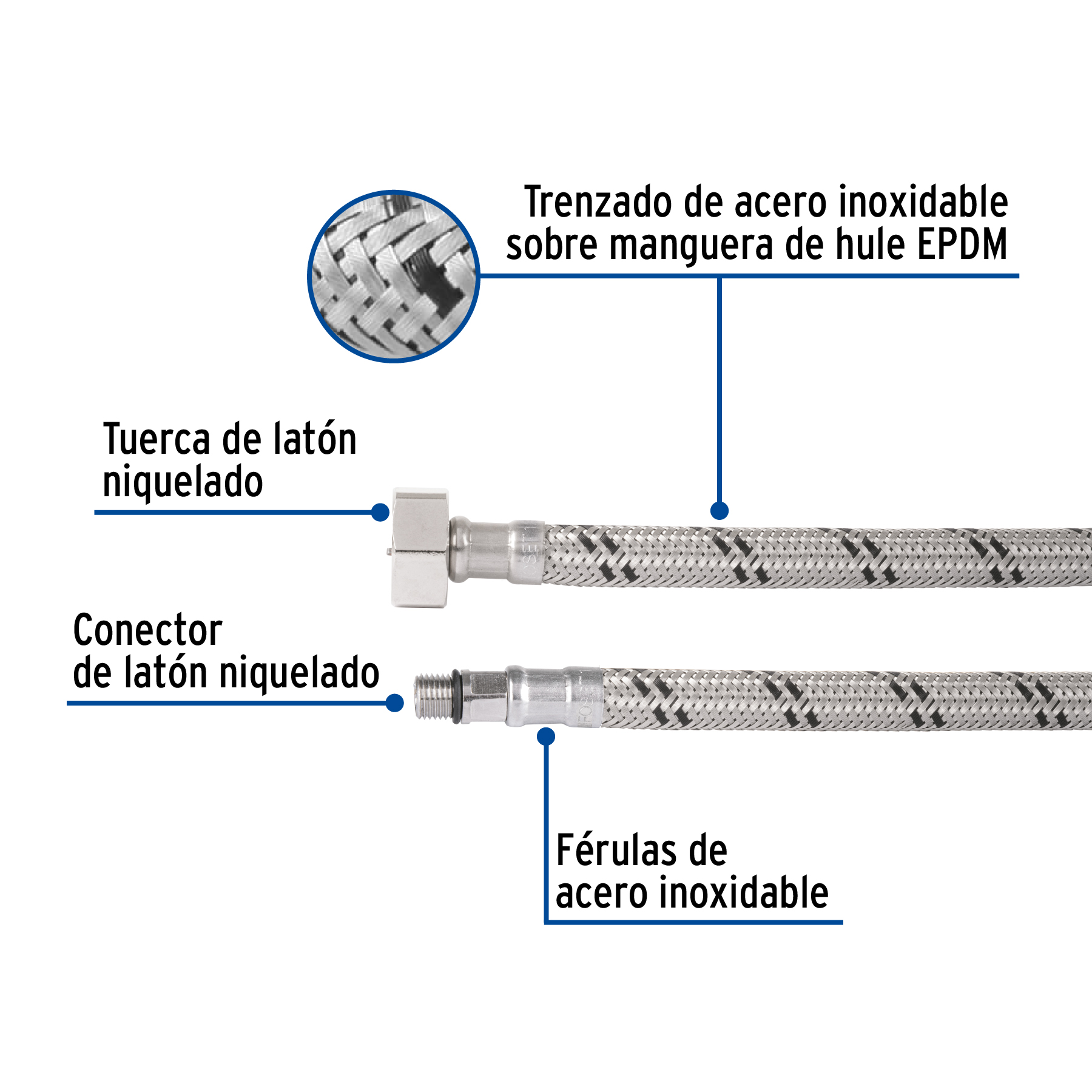MANGUERA PARA MONOMANDO, ACERO INOX, 1/2" X 3/8" UNF, 55CM FOSET 49202