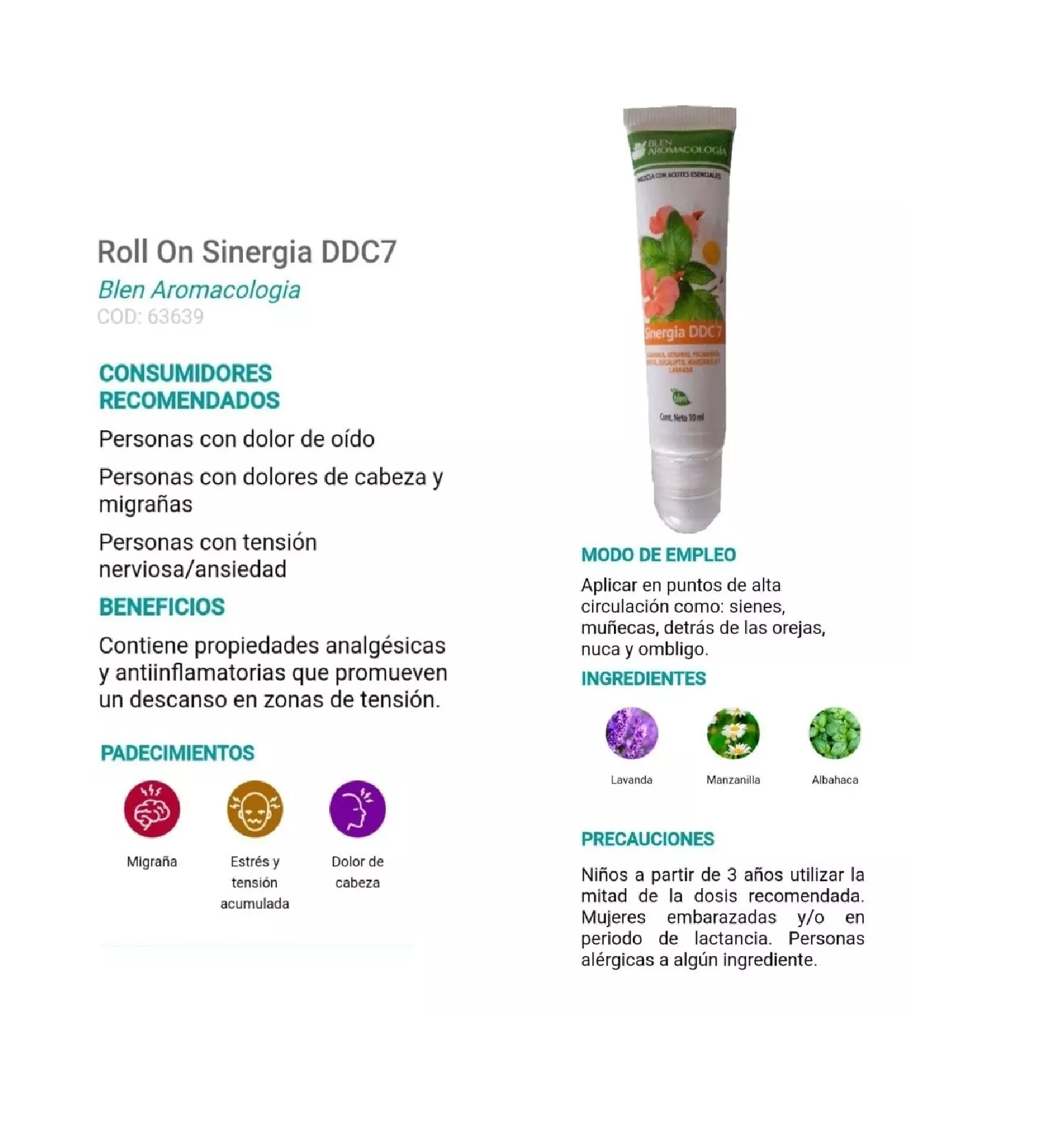 Blen Sinergia DC7 Roll On Mezcla Aceites Esenciales Dolor de Cabeza, Migraña, Stress