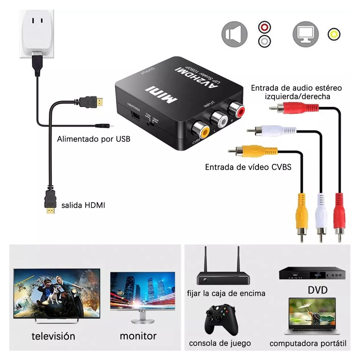Convertidor Adaptador de Audio y Video RCA a HDMI 1080p.